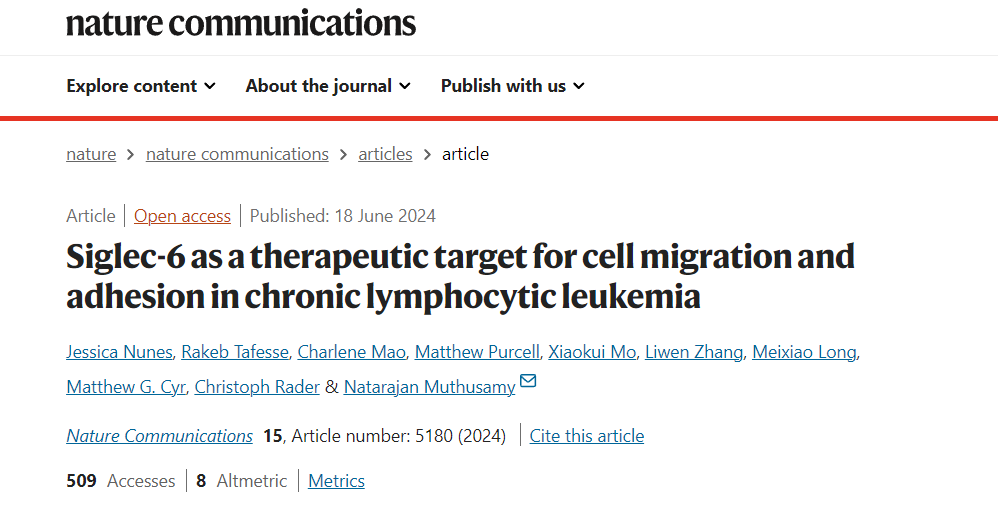文献分享：Siglec-6作为慢性淋巴细胞白血病细胞迁移和黏附的治疗靶点